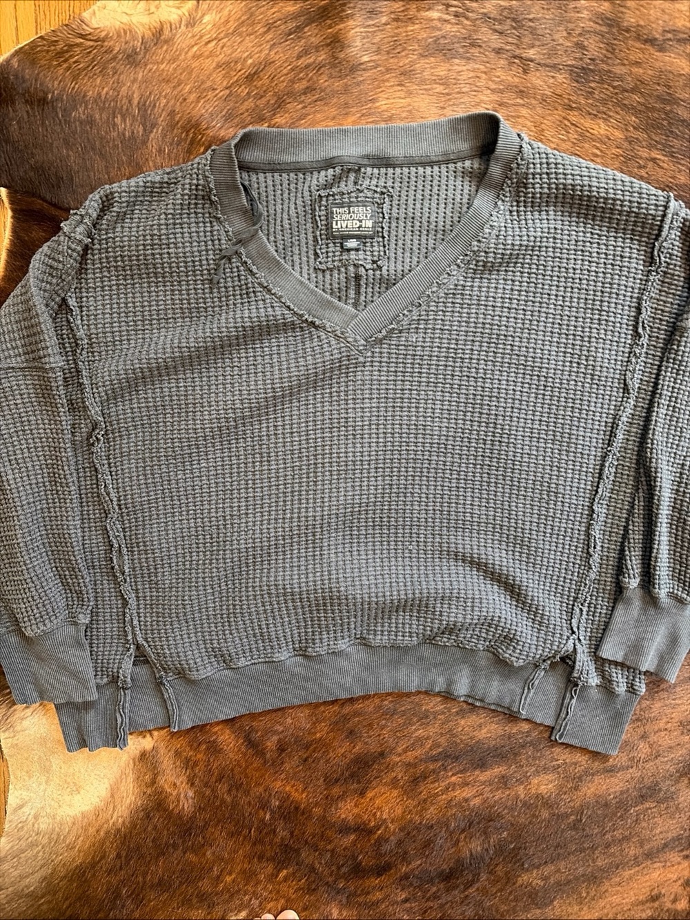 American Eagle Women This Feels Seriously Lived-In Black Waffle Top L Oversized